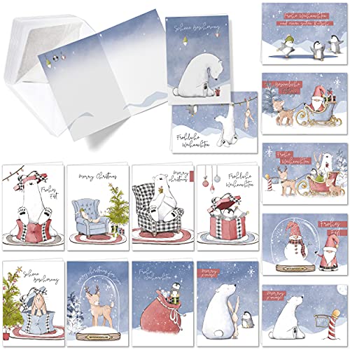TOBJA Weihnachtskarten mit Umschlag Set - 15 witzig schöne Klappkarten | Doppelkarten mit Briefumschlag Tiere im Schnee | Jede Karte individuell bedruckt auf hochwertig dicken Papier | Karten by von TOBJA