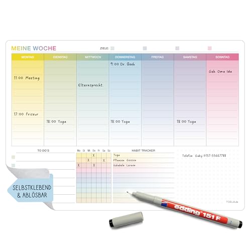 TOBJA Whiteboard Wochenplaner abwischbar A4 Selbstklebender Planer 30 x 21 | Kalender mit To-Do Liste & Habit Tracker | Wiederverwendbarer Wochenplaner für Wand & Kühlschrank (Planer inkl. Stift) von TOBJA
