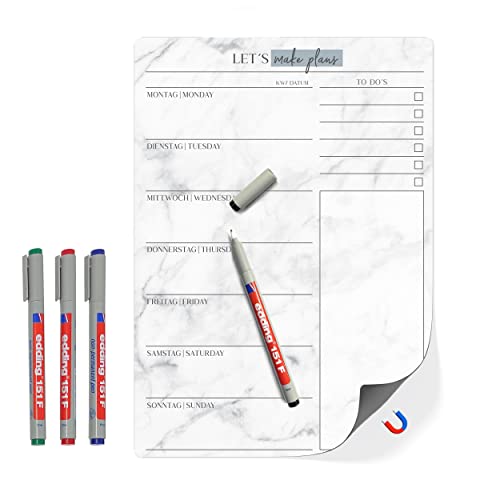 TOBJA Wiederbeschreibbarer Menüplaner mit 4 bunten Wasserlöslichen Stiften, Magnetisch, Abwischbar und mit To-Do-Liste und Notizen, DIN A4, Modernes Marmordesign. (Magnetisch + 4 Stifte) von TOBJA