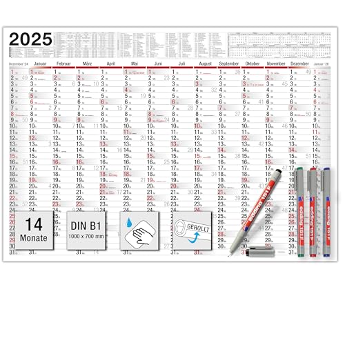 TOBJA XXL Wandkalender abwischbar 2025 - gerollter Versand inkl. 4 Stifte | Großer Jahresplaner Kalender (1 Stück abwischbar +4 Stifte) von TOBJA