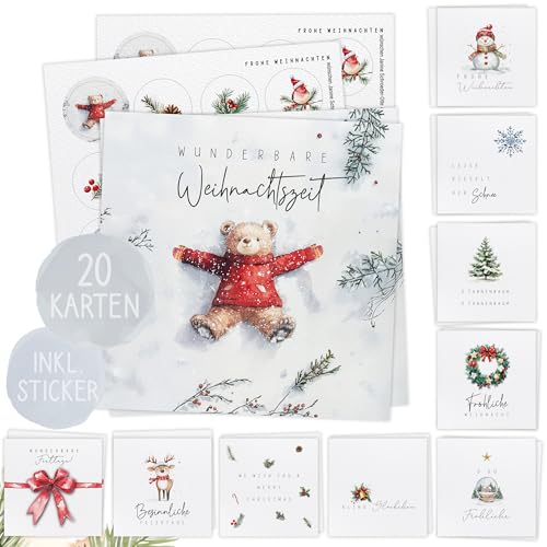 TOBJA XXL Weihnachtskarten Set mit Stickern - große festliche Weihnachtskarten (14,8 x 14,8 cm) in verschiedenen Designs, inkl. Stickerbogen. Postkarten Weihnachten im edlen Stil. (20 Stück im Set) von TOBJA