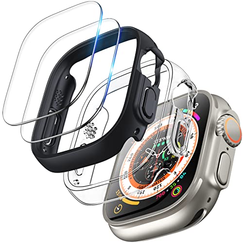 TOCOL 2+2 Stück Hülle für Apple Watch Ultra/Ultra 2 49mm Case, 2 Stück iWatch Ultra Case mit 2 Stück Displayschutzglas, 9H HD Bläschenfrei, Kratzfestes Case für iWatch Ultra 49mm, Schwarz/Transparent von TOCOL