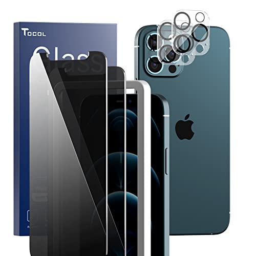 TOCOL 2+2 Stück Sichtschutz Schutzfolie Kompatibel mit iPhone 12 Pro Max 5G 6.7 Zoll 2 Stück und 2 Stück Kamera schutzfolie 9H Hartglas Blasenfrei Privacy Schutz Positionierungsrahmen Doppelter Schutz von TOCOL