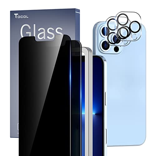 TOCOL 2+2 Stück Sichtschutz Schutzfolie Kompatibel mit iPhone 13 Pro Max 5G 2 Stück und 2 Stück Kamera Schutzfolie 9H Hartglas Blasenfrei Privatsphäre Schutzglas Positionierungsrahmen Doppelter von TOCOL