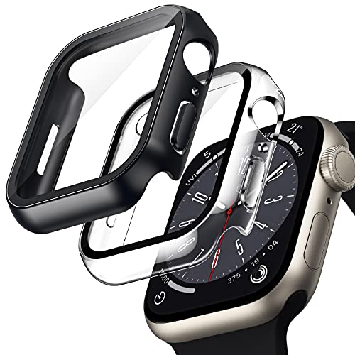 TOCOL 2 Stück Hülle für Apple Watch Series 9 8 7 41mm Case mit Schutzfolie, iWatch Series 9 Series 8 Series 7 41mm Case, HD Bläschenfrei Kratzfestes Case für iWatch 9/8/7 41mm - Schwarz/Transparent von TOCOL