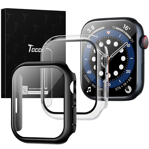 TOCOL 2 Stück Hülle für Apple Watch Series 9 8 7 45mm Case mit Schutzfolie, iWatch Series 9 Series 8 Series 7 45mm Case, HD Bläschenfrei Kratzfestes Case für iWatch 9/8/7 45mm - Schwarz/Transparent von TOCOL