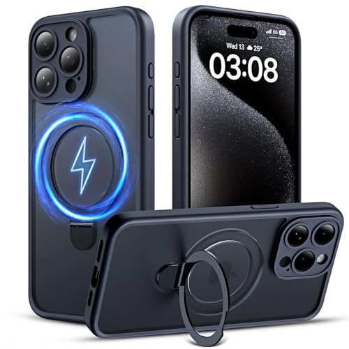 TOCOL für iPhone 15 Pro Hülle für Magsafe mit Ständer, Vollständiger Kameraschutz Stoßfest Kratzfest Transluzente Rückseite Magnetisch Handyhülle für iPhone 15 Pro Case, Schwarz von TOCOL