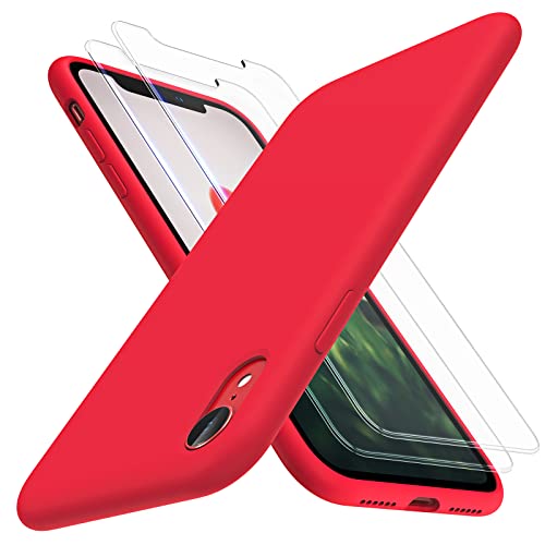 TOCOL 3-in-1 für iPhone XR Hülle, mit 2 Stück Schutzfolie, Flüssig Silikon Handyhülle für iPhone XR (2018) 6,1 Zoll 360 Grad Schutzhülle [Kratzfest] [Stoßfeste], Rot von TOCOL