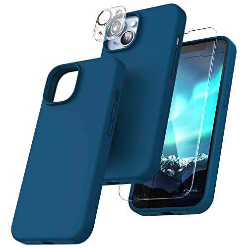 TOCOL 5 in 1 für iPhone 14 Hülle, mit 2 Stück Schutzglas + 2 Stück Kameraschutz, Flüssig Silikon Handyhülle Stoßfest rutschfest Schutzhülle für iPhone 14 6,1", Mitternachtsblau von TOCOL