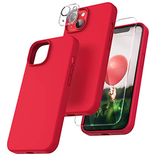 TOCOL 5 in 1 für iPhone 14 Hülle, mit 2 Stück Schutzglas + 2 Stück Kameraschutz, Flüssig Silikon Handyhülle Stoßfest rutschfest Schutzhülle für iPhone 14 6,1", Rot von TOCOL