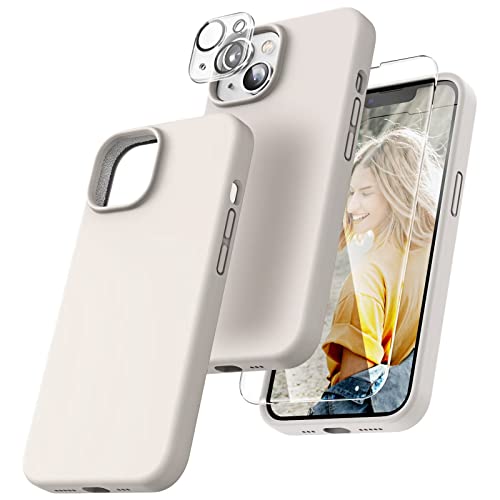 TOCOL 5 in 1 für iPhone 14 Hülle, mit 2 Stück Schutzglas + 2 Stück Kameraschutz, Flüssig Silikon Handyhülle Stoßfest rutschfest Schutzhülle für iPhone 14 6,1", Steingrau von TOCOL
