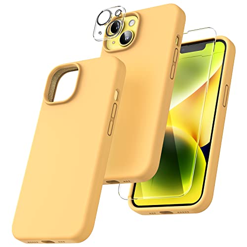 TOCOL 5 in 1 für iPhone 14 Plus Hülle, mit 2 Stück Schutzglas + 2 Stück Kameraschutz, Flüssig Silikon Handyhülle Stoßfest rutschfest Schutzhülle für iPhone 14 Plus 6,7", Orange von TOCOL