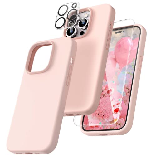 TOCOL 5 in 1 für iPhone 14 Pro Hülle, mit 2 Stück Schutzglas + 2 Stück Kameraschutz, Flüssig Silikon Handyhülle Stoßfest rutschfest Schutzhülle für iPhone 14 Pro 6,1", Rosa von TOCOL