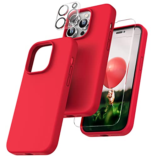 TOCOL 5 in 1 für iPhone 14 Pro Hülle, mit 2 Stück Schutzglas + 2 Stück Kameraschutz, Flüssig Silikon Handyhülle Stoßfest rutschfest Schutzhülle für iPhone 14 Pro 6,1", Rot von TOCOL