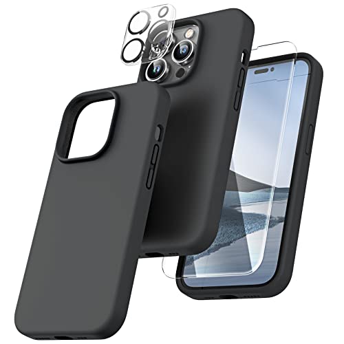 TOCOL 5 in 1 für iPhone 14 Pro Hülle, mit 2 Stück Schutzglas + 2 Stück Kameraschutz, Flüssig Silikon Handyhülle Stoßfest rutschfest Schutzhülle für iPhone 14 Pro 6,1", Schwarz von TOCOL