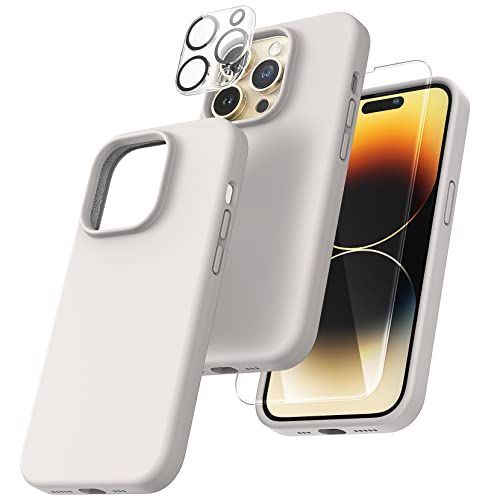 TOCOL 5 in 1 für iPhone 14 Pro Hülle, mit 2 Stück Schutzglas + 2 Stück Kameraschutz, Flüssig Silikon Handyhülle Stoßfest rutschfest Schutzhülle für iPhone 14 Pro 6,1", Steingrau von TOCOL