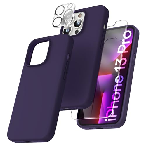 TOCOL 5-in-1 iPhone 13 Pro Hülle, mit 2 Stück Schutzfolie + 2 Stück Kameraschutz, Flüssig Silikon Handyhülle iPhone 13 Pro 6.1", Kratzfestes Stoßfest Schutzhülle für iPhone 13 Pro - Dunkellila von TOCOL