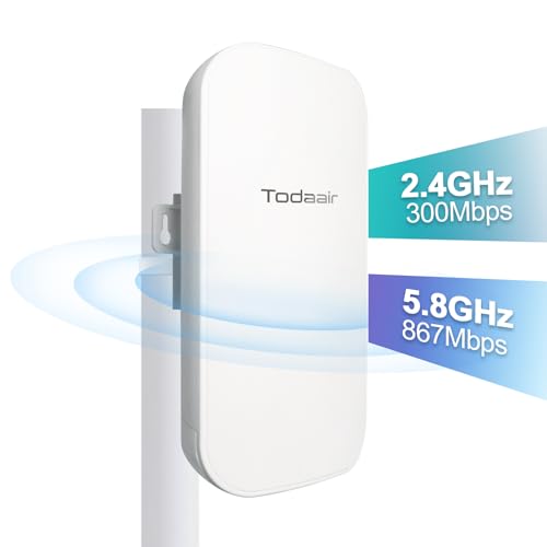 TODAAIR Outdoor-WLAN-Extender mit Ethernet-Anschluss, Dualband-AP-Modus, 5 GHz/2,4 GHz, AC1200 Signalverstärker, bis zu 89 % mehr Bandbreite als Einzelband, deckt bis zu 3440 m² und 65 Geräte ab von TODAAIR