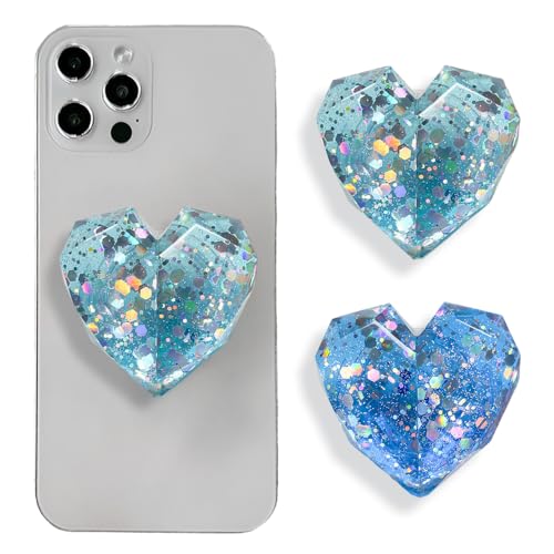 TOEECY 2 Stück Handy-Griffe Herzförmiger Handy-Ringhalter Ausziehbarer Airbag Handy Griff Multifunktiona Handy Griff für Smartphone Tablets Glitzer Handy Zubehör (Blau) von TOEECY