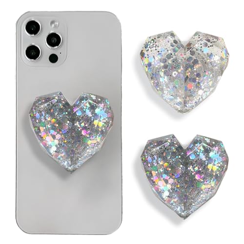 TOEECY 2 Stück Handy-Griffe Herzförmiger Handy-Ringhalter Ausziehbarer Airbag Handy Griff Multifunktiona Handy Griff für Smartphone Tablets Glitzer Handy Zubehör (Grau) von TOEECY
