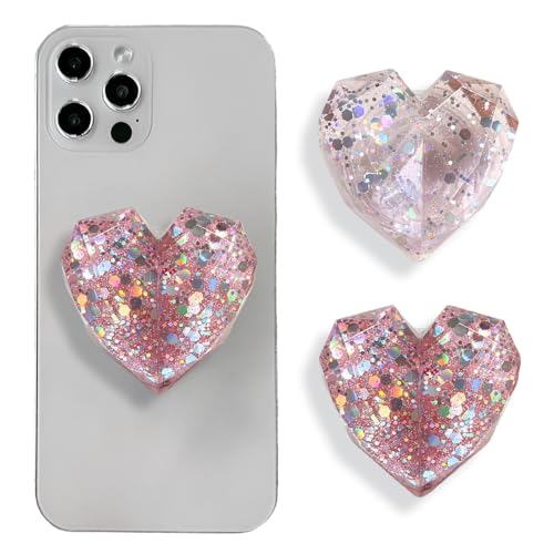 TOEECY 2 Stück Handy-Griffe Herzförmiger Handy-Ringhalter Ausziehbarer Airbag Handy Griff Multifunktiona Handy Griff für Smartphone Tablets Glitzer Handy Zubehör (Rosa) von TOEECY
