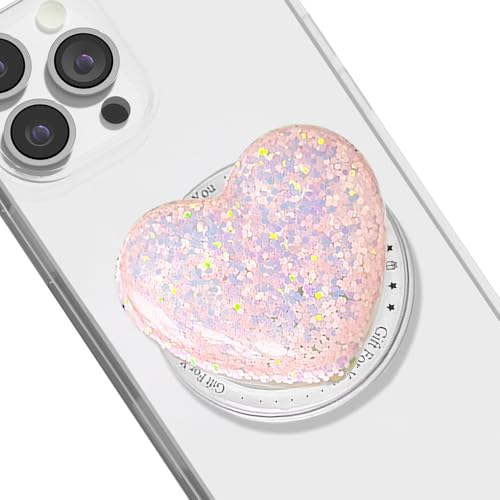 TOEECY Magnetischer Handygriff für MagSafe mit Ausziehbarem Sockel Herzförmiger Handyhalter mit Glitzer Smartphone Ständer für iPhone und Android Handy Zubehör （Rosa） von TOEECY