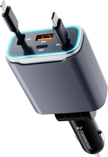 131W Einziehbares Autoladegerät, 4 in 1 Zigarettenanzünder USB Adapter Schnellladegerät KFZ Ladegerät QC 4.0 USB C Zigarettenanzünder Car Charger für iPhone16/15/14/13/12/Samsung S24/S23/MacBook von TOENNESEN