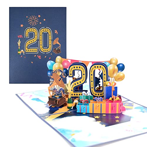 TOG BEG® 3D Pop-up Grußkarte mit Nummer 20 und Dekolationen wie Luftballon, Geschenke und ein Grammophon zum 20. Geburtstag junge oder Jubiläum, hochzeit inkl. Umschlag - pop up karte geburtstag 20 von TOG BEG