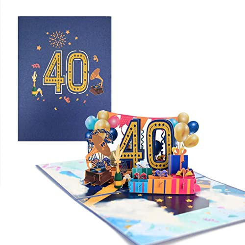 TOG BEG® 3D Pop-up Grußkarte mit Nummer 40 und Dekolationen wie Luftballon, Geschenke und ein Grammophon zum 40. Geburtstag junge oder Jubiläum, hochzeit inkl. Umschlag 40 von TOG BEG