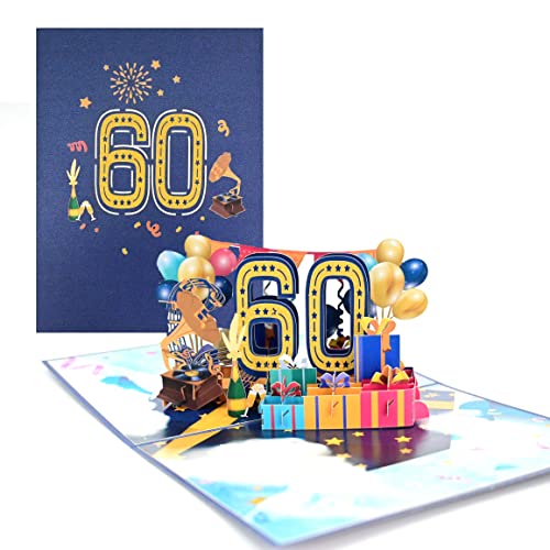 TOG BEG® 3D Pop-up Grußkarte mit Nummer 60 und Dekolationen wie Luftballon, Geschenke und ein Grammophon zum 60. Geburtstag junge oder Jubiläum, hochzeit inkl. Umschlag - pop up karte geburtstag 60 von TOG BEG