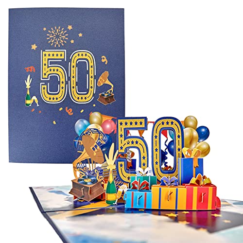 TOG BEG® 3D Pop-up Grußkarte mit Nummer und Dekolationen wie Luftballon, Geschenke zum 50. Geburtstag oder Jubiläum, Perlenhochzeit für Eltern, Großeltern, Freunde inkl. Umschlag (50) von TOG BEG