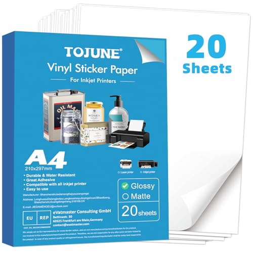 TOJUNE Bedruckbares Vinyl-Aufkleberpapier für Tintenstrahl- und Laserdrucker, A4, 21 x 29.7 cm, Wasserfest, Beliebiger Schnitt, Selbstklebende Rückseite, Weiß Glatt (20 Stück) (Weiß Glatt) von TOJUNE