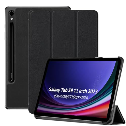 TOKILO Hülle für Samsung Galaxy Tab S9 11 Zoll 2023 Tablet, Ultra leichte schlanke PU-Leder Tri-Fold Stand Abdeckung mit Stifthalter und Auto Wake/Sleep (Black) von TOKILO