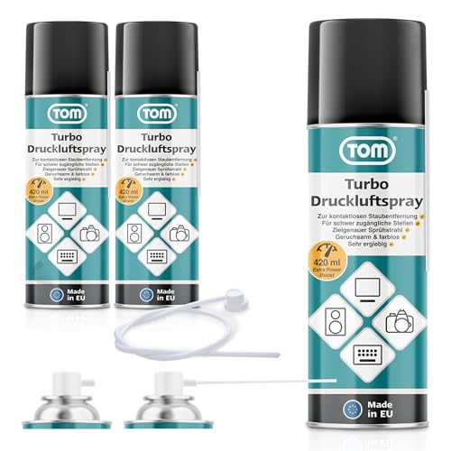 TOM 6 x oder 3 x 420 ml Power Druckluftspray – Air Duster – Reinigungsset mit 10 cm & 50 cm Sprühverlängerung – Druckluft aus der Dose – Reiniger für Tastatur, Laptop, Computer & co (3) von TOM