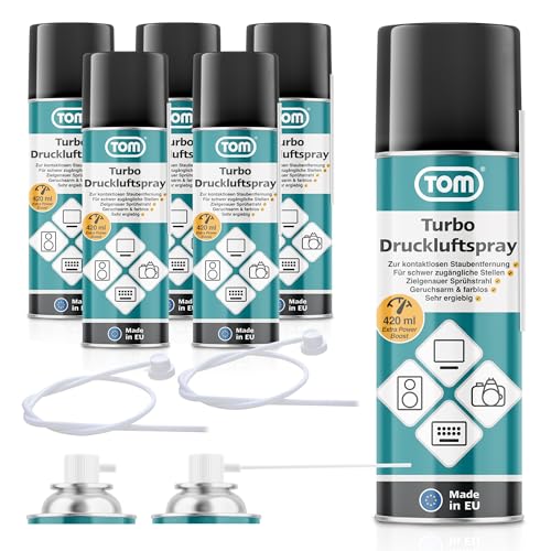 TOM 3 x oder 6 x 420 ml Power Druckluftspray – Air Duster – Reinigungsset mit 10 cm & 50 cm Sprühverlängerung – Druckluft aus der Dose – Reiniger für Tastatur, Laptop, Computer & co (6) von TOM