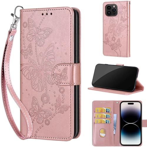 Schutzhülle für iPhone 15 Pro, 15,4 cm (6,1 Zoll), geprägtes Premium-PU-Leder, Folio-Klapphülle, kompatibel mit iPhone 15 Pro, Magnetverschluss, Ständer, Kartenfächer, rotgoldener Schmetterling von TOMYOU