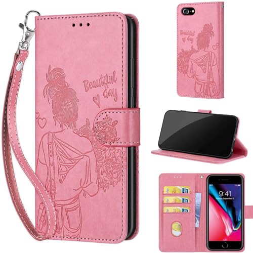 TOMYOU Schutzhülle für iPhone SE 2022, 2020 Hülle/iPhone 7 8 Mädchen, Premium-PU-Leder, Folio-Klapp-Notebook-Hülle, kompatibel mit iPhone 3 5G, Rosa von TOMYOU