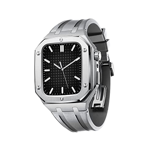TONECY Business-Uhrenarmband für Damen und Herren, militärisches Metallgehäuse für Apple Watch, 45 mm, 44 mm, mit Silikonband, stoßfester Stoßfänger für iWatch Serie 7/SE/6/5/4 (Farbe: Silbergrau, von TONECY