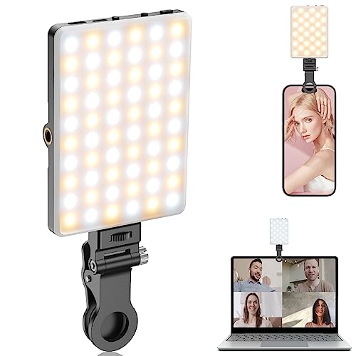 TONEOF Selfie Licht Handy, 60LED Wiederaufladbares Videolicht mit Clip&Zwei 1/4" Schraubenlöchern, 2500K–9000K 3 Lichtmodi, Tragbares Foto Licht für iPhone, Android, Laptop, Tablet-Schwarz von TONEOF
