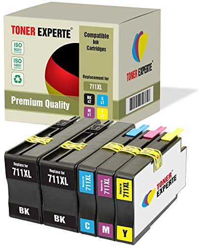 TONER EXPERTE 5 XL Druckerpatronen kompatibel für 711XL 711 XL DesignJet T120, T520 (2 Schwarz, Cyan, Magenta, Gelb) von TONER EXPERTE