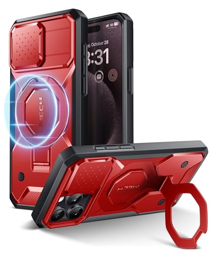 TONGATE Design für iPhone 15 Pro Max Hülle mit Kamera-Abdeckung, kompatibel mit MagSafe & Ringständer, militärischer Fallschutz, 15 Pro Max magnetische Hülle mit 9H-Hartglas-Displayschutzfolie, Rot von TONGATE