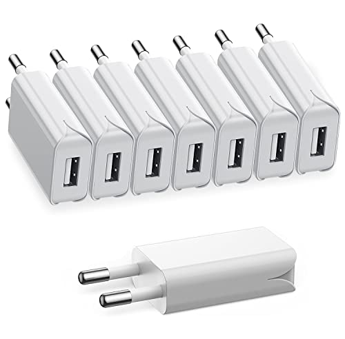 8Pack 5W USB Ladegerät Stecker, 5V/1A Slim USB Ladestecker Netzteil für iPhone, Samsung Handy,MP3, eBook Reader，USB Ventilateur, Smartwatch und Mehr (Weiß-8Pack) von TONGKTAI
