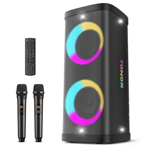 Bluetooth Karaoke Maschine mit 2 UHF Mikrofonen kabellos Microphone, TONOR PA Lautsprecher System Tragbar mit Disco Leuchten, unterstützt USB/TypC/TF, ideal für Familien Heim&Draußen Karaoke Party K60 von TONOR
