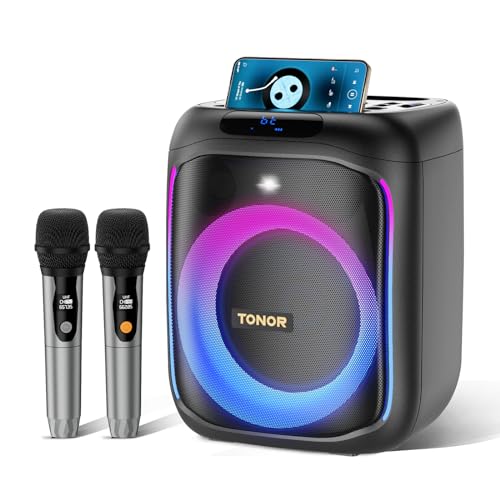 Karaoke Anlage mit 2 drahtlosen Mikrofonen Bluetooth, TONOR Karaoke Maschine Lautsprecher mit LED Licht Partymaschine mit Wireless Microphone Musikbox mit AUX/USB/TF PA-System für Erwachsene/Kinder K6 von TONOR