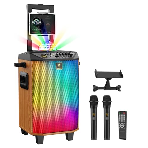 Karaoke Maschine für Erwachsene, TONOR tragbarer Bluetooth Lautsprecher mit 2 kabellosen Mikrofonen, PA-System mit Discokugel-Lichtern für Zuhause, Party, KTV, Braun, unterstützt REC/USB/TF/AUX von TONOR