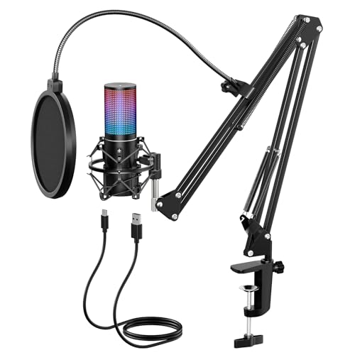 RGB USB Gaming Mikrofon PC, TONOR Podcast Microphone standmikrofon Nierencharakteristik Metall Gehäuse Mic mit Boom Arm Stummschalttaste Tap to Mute Streaming Microfono, Mikrophon für Twitch PS4/5 Q9S von TONOR