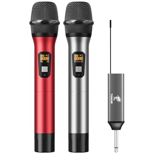 TONOR Drahtloses Mikrofon, UHF Dual Kabelloses Metall Dynamisches Mikro System mit wiederaufladbarem Empfänger, für Karaoke, Hochzeit, DJ, Party, Rede, Kirche, Klassen, 60m (TW630), Grau&Rot von TONOR