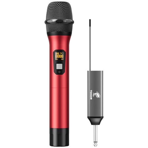 TONOR Drahtloses Mikrofon, UHF Metall Kabelloses Handmikrofon System mit wiederaufladbarem Receiver, 1/4 “ Ausgang für Verstärker, PA-System, singende Karaoke Maschine, 60m (TW620), Rot von TONOR