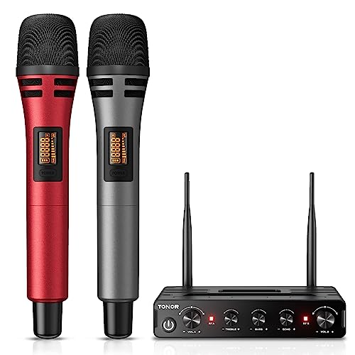 TONOR Dual Funkmikrofonen System kabellos, drahtloses Karaoke Mikro Mic Set Wireless Microphone Handmikrofon dynamisch mit Empfänger für Hochzeit Party Kirche Vortrag Bühne Reden Konferenz TW350 Rot von TONOR