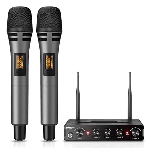 TONOR Dual Funkmikrofonen System kabellos, drahtloses Karaoke Mikrofon Set Wireless Microphone Handmikrofon dynamisch mit Empfänger für Hochzeit Party Kirche Vortrag Bühne Reden Konferenz TW350 Grau von TONOR